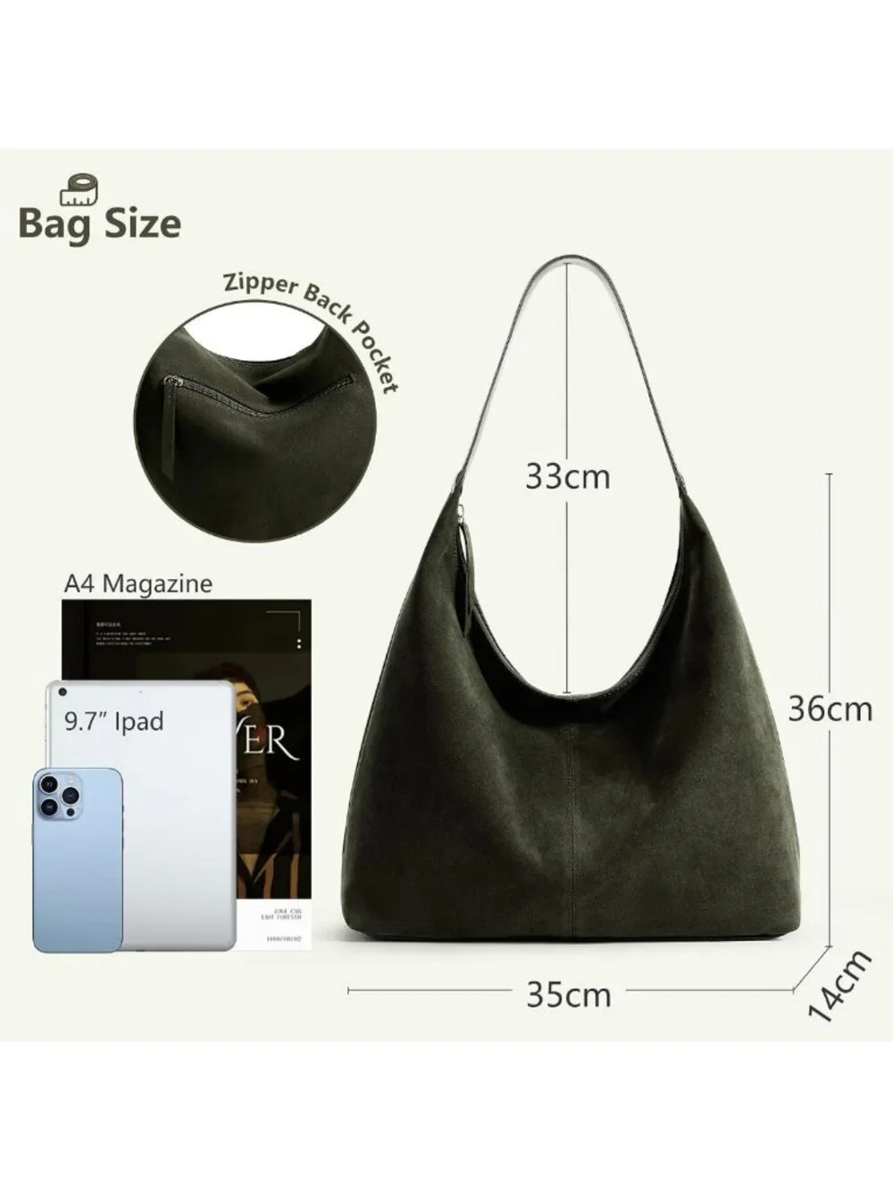 Stylish Vegan Leather Slouchy Tote Bag | 18L Hobo Purse with Zipper & Pockets